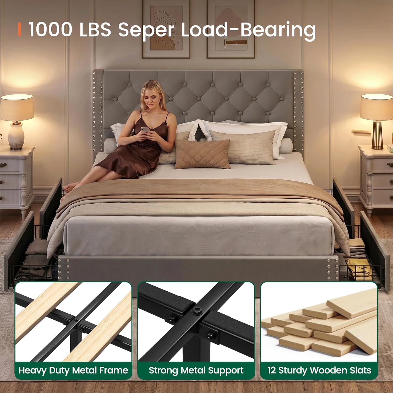 LARMACE Queen Size Bed Frame Upholstered Platform Bed with 4 Storage Drawers and Tufted Headboard Bed Frame with Heavy Duty Wood Slats, No Box Spring Needed, Easy Assembly, Bluish Grey