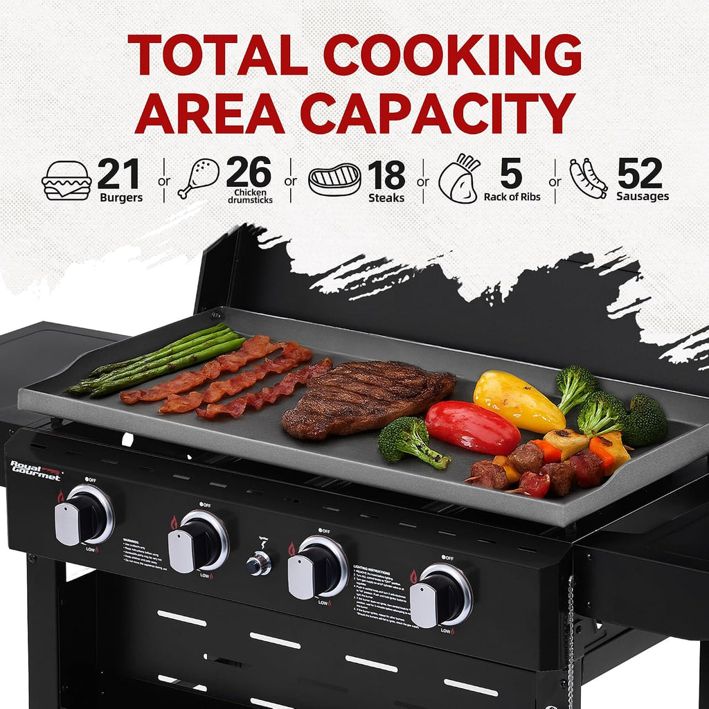 Royal Gourmet GB4000PB 4-Burner Gas Griddle with Hood, Griddle with Collapsible Side Shelves, 52,000 BTU, 582 Sq. In. Cooking Area, Electronic Ignition, Swivel Wheels with Brakes, Black