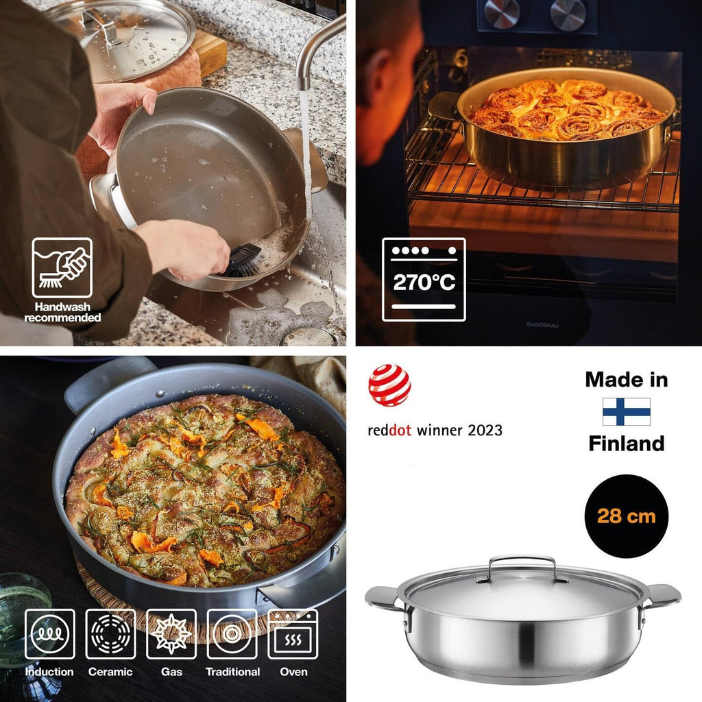 Fiskars Sauté Pan with Lid, Diameter 28 cm, Non-Stick, Suitable for All Cookers, Recycled Stainless Steel, Silver, 1064749