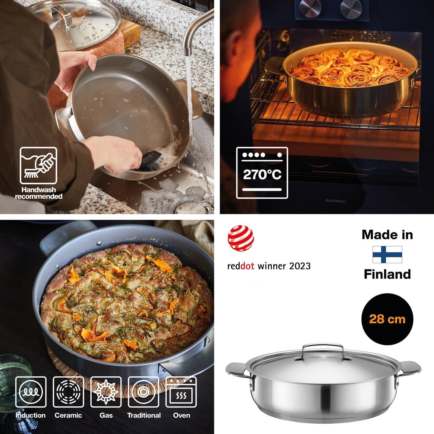Fiskars Sauté Pan with Lid, Diameter 28 cm, Non-Stick, Suitable for All Cookers, Recycled Stainless Steel, Silver, 1064749