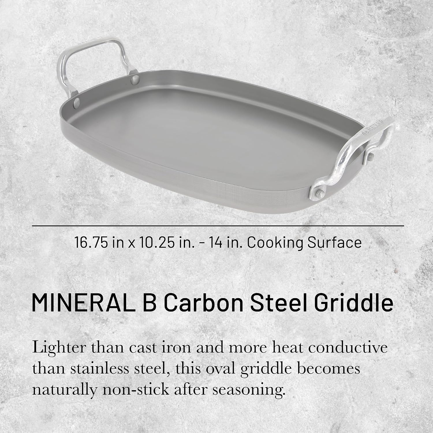 de Buyer MINERAL B Carbon Steel Griddle - 16.75' x 10.25' - Ideal for Seafood & Vegetables - Naturally Non-Stick Finish - Made in France