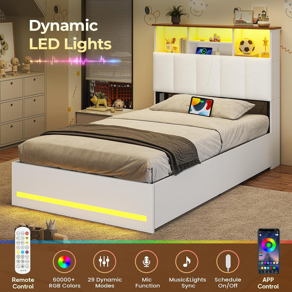 VIAGDO Twin Bed Frames with Bookcase Headboard, Wooden Bed Frame Twin Size with Charging Station, 4 Storage Drawers and LED Lights, LED Bed Frame with Type-C and USB, No Box Spring Needed, White