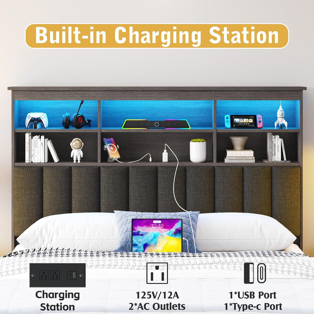 Lifezone Full Bed Frame with Headboard, Full Bed Frame with High Storage Bookcase Headboard,4 Storage Drawers & Charging Station & LED,No Box Spring Needed/Noise Free/All-Metal Support,Rustic Grey
