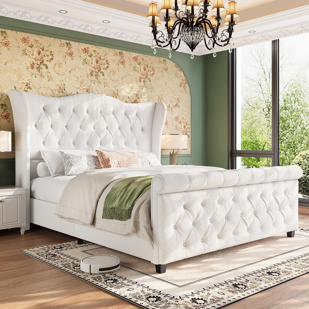 koorlian Queen Size Bed Frame,Chenille Upholstered Sleigh Bed with Scroll Wingback Headboard & Footboard,Luxury & Soft Button Tufted Queen Modern Bed,Easy Assembly,No Box Spring Needed