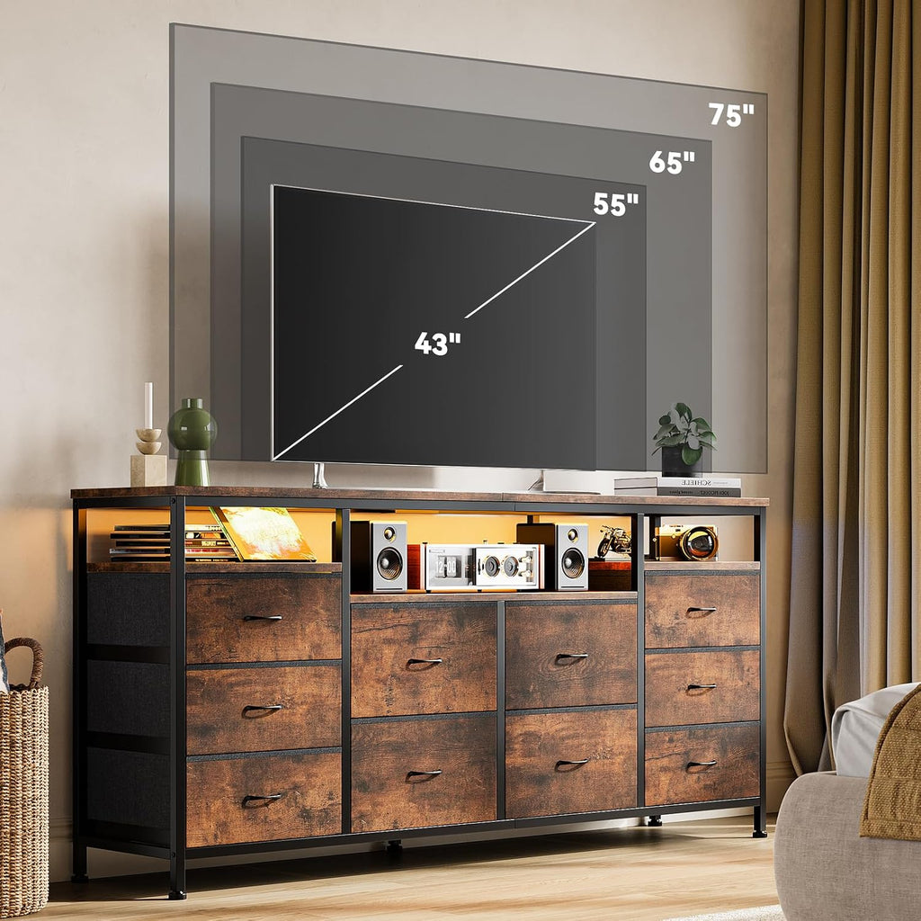 63.3 in Dresser for Bedroom, 10 Drawer Dresser TV Stand for 65 70 75 in TV, Fabric Chest of Drawers with LED Lights & Power Outlets, Long Entertainment Center for Closet, Living Room, Entryway