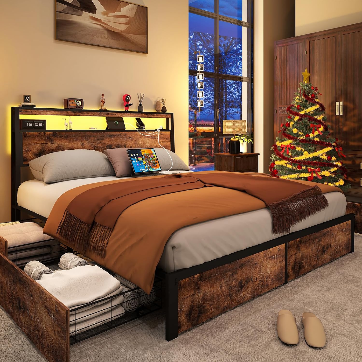 SADENICEL Queen Bed Frame with Storage Headboard and 4 Drawers, Metal Platform Bed Frame with LED Light, Charging Station, No Box Spring Needed, Noise Free, Easy Assembly, Vintage Brown