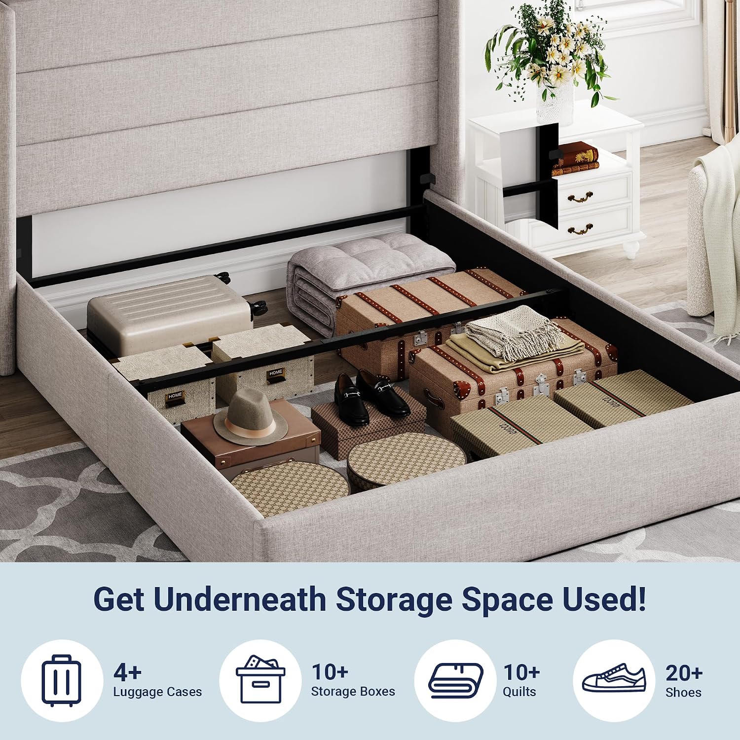 Allewie Full Size Lift Up Storage Bed, Modern Wingback Headboard, Hydraulic Support, No Box Spring Needed, Light Beige