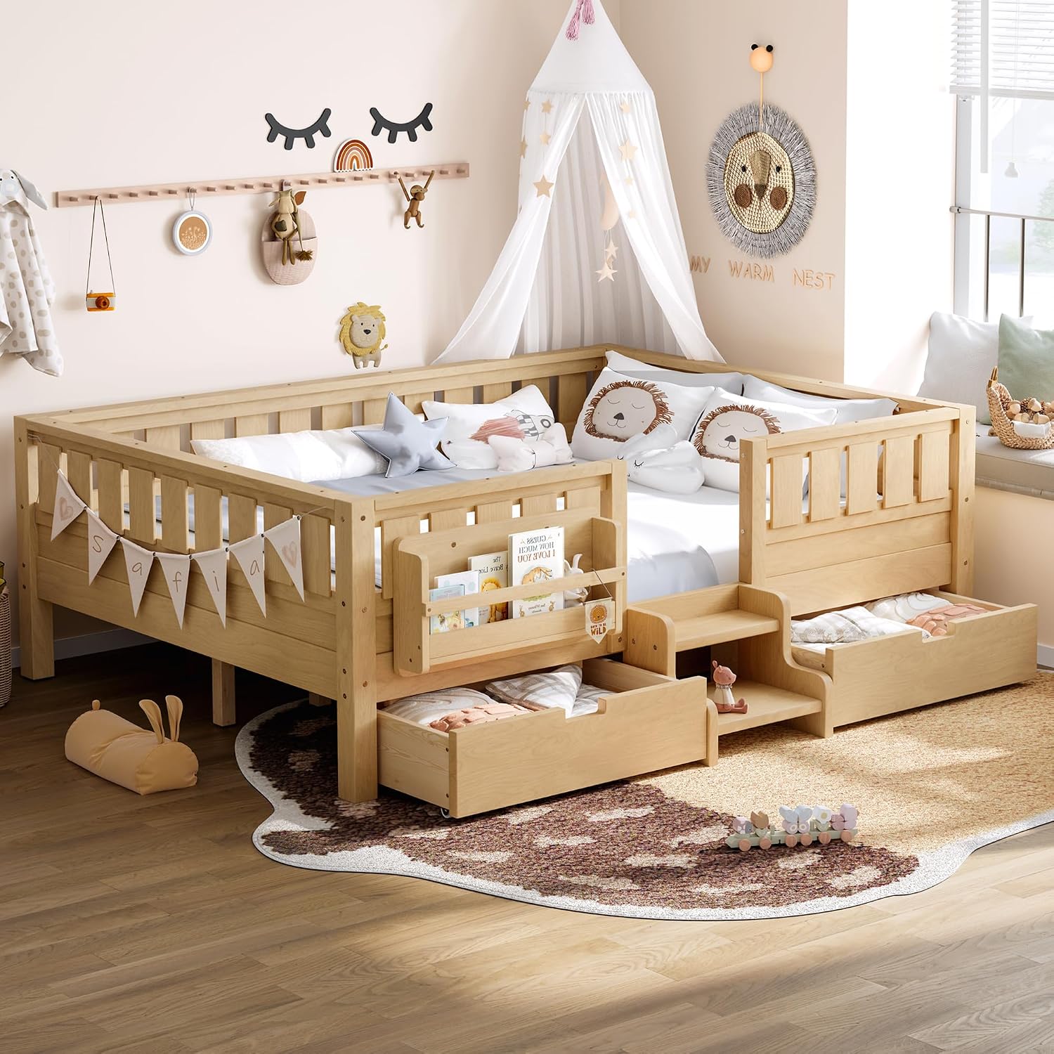 Bellemave Full Floor Bed with Stairs, Rails and Slats, Full Size Montessori Floor Bed with Bookshelf and 2 Storage Drawers, Easy Assemble Montessori Beds Frame for Girls, Boys, Light Natural