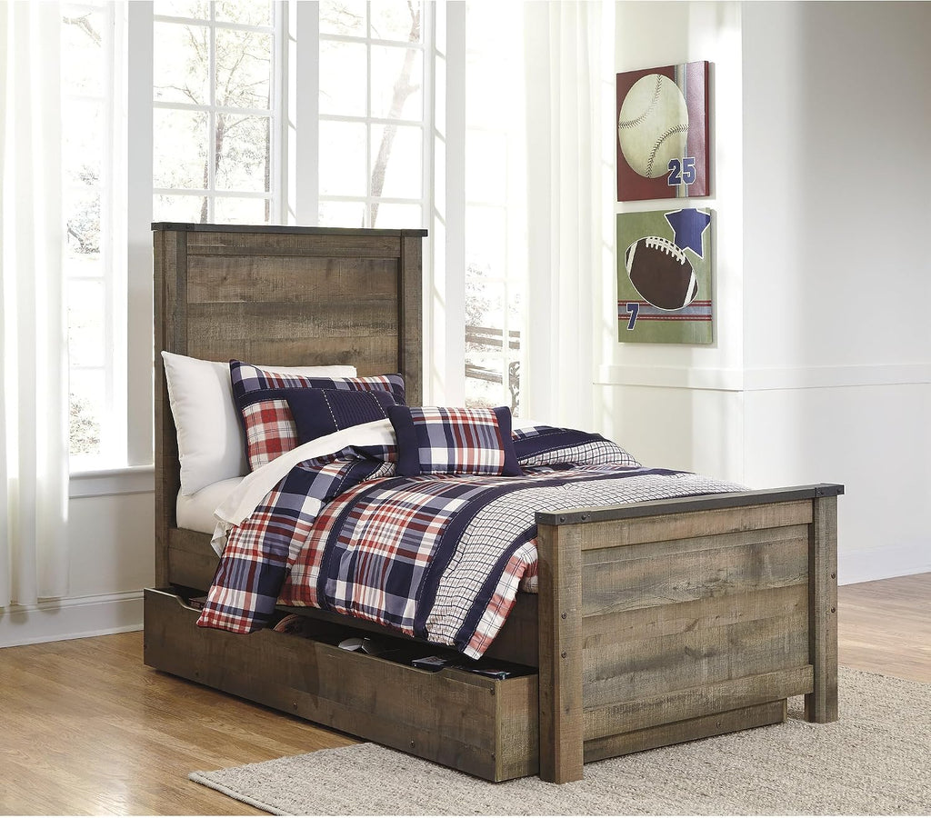 Signature Design by Ashley Trinell Casual Twin Panel Platform Bed with 1 Large Storage Drawer and Nailheads, Foundation or Box Spring Not Needed, Dark Brown