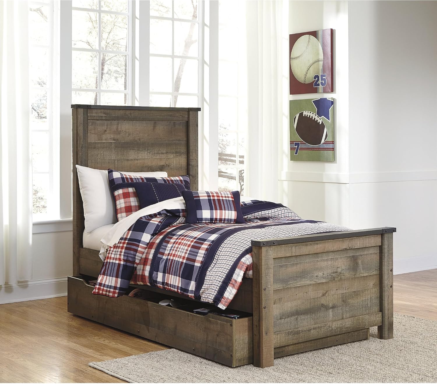 Signature Design by Ashley Trinell Casual Twin Panel Platform Bed with 1 Large Storage Drawer and Nailheads, Foundation or Box Spring Not Needed, Dark Brown