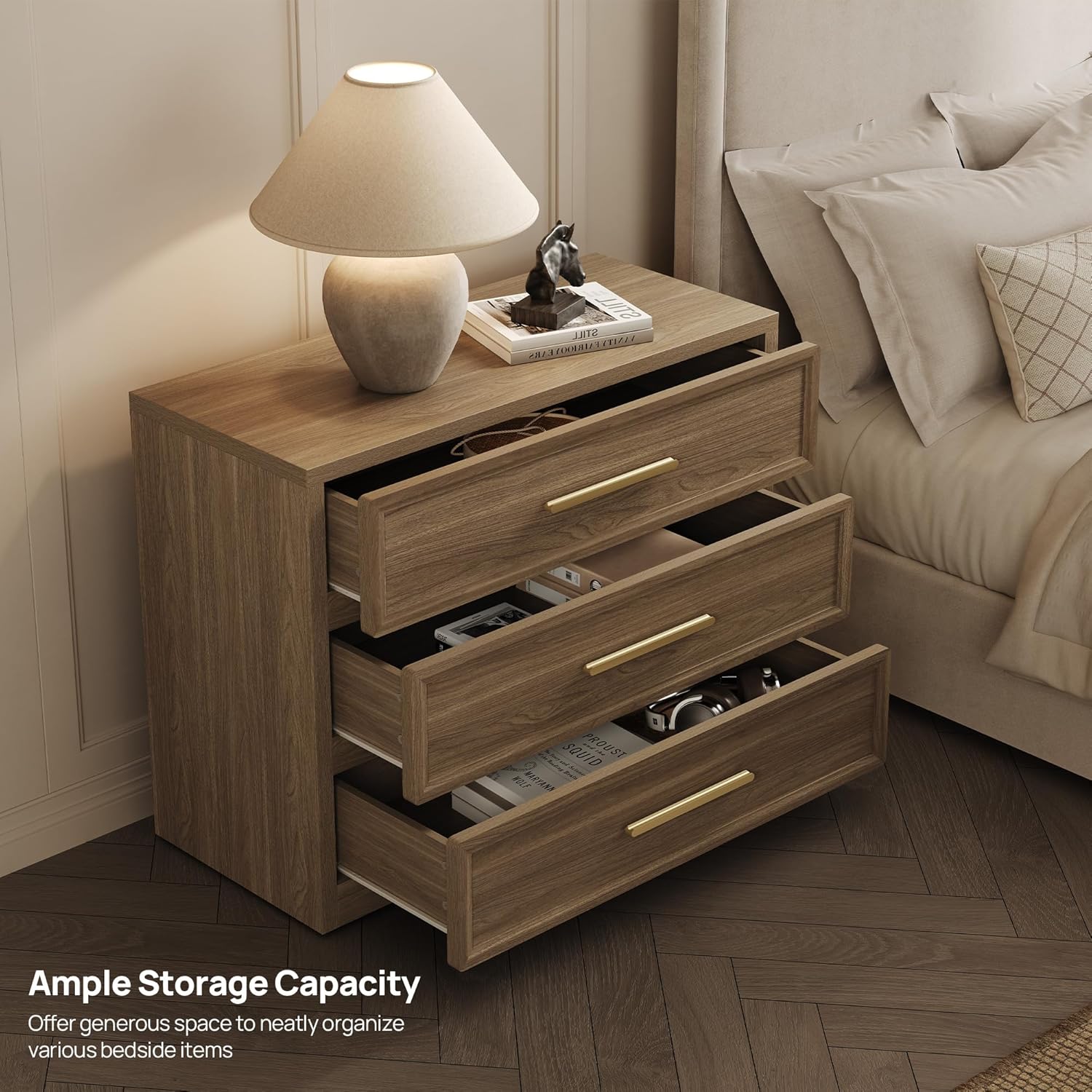 SICOTAS Night Stand Oversized Extra Large Nightstand Tall Bedside Side Table with 3 Drawers with Storage Modern End Table with Golden Handles Night Stands for Bedroom Sofa Couch Office