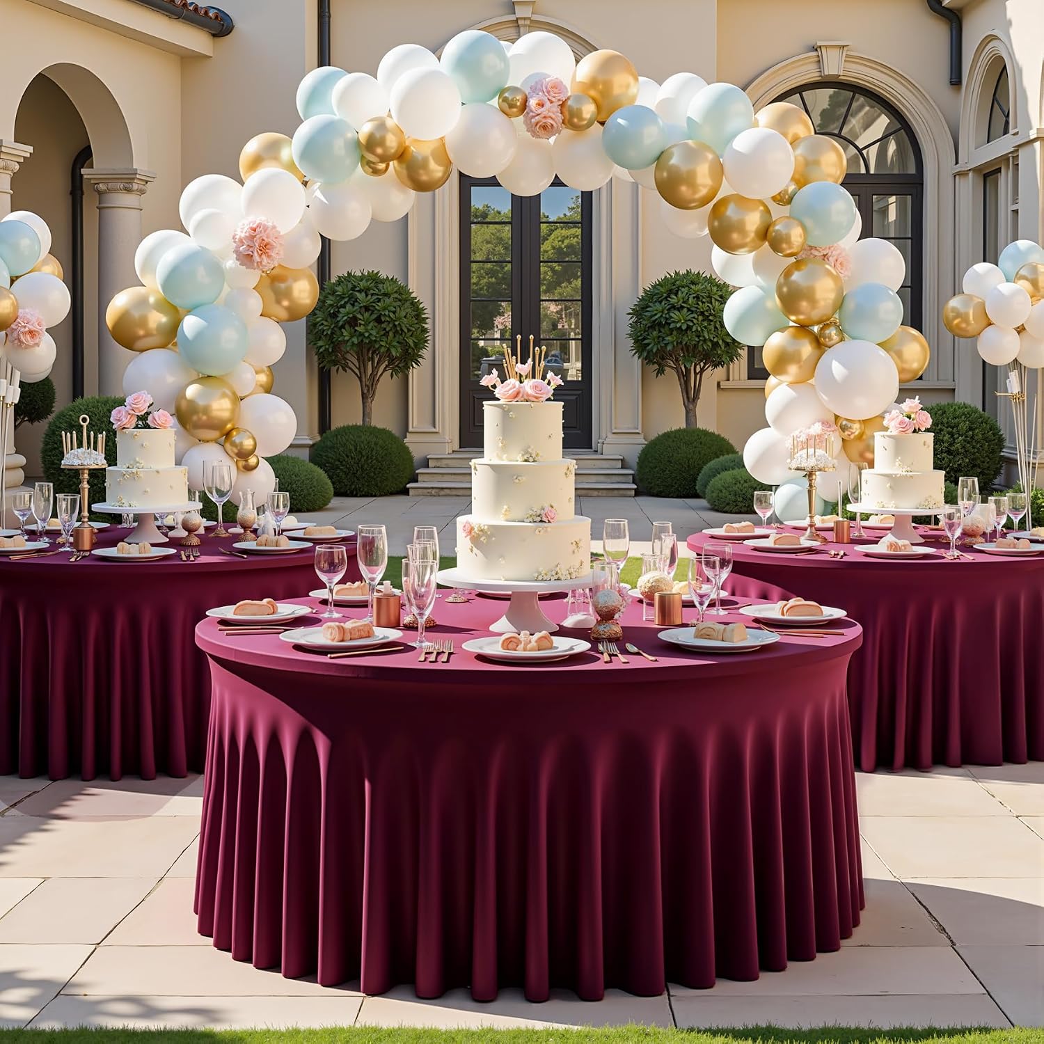 6 pk Burgundy Round Spandex Tablecloths 60 in with Ruffled Skirt,Wrinkle Free High-Stretch 120 inch Table Cloth Round Fitted 5ft Tables Maroon Spandex Table Covers 5ft for Wedding Banquet Party