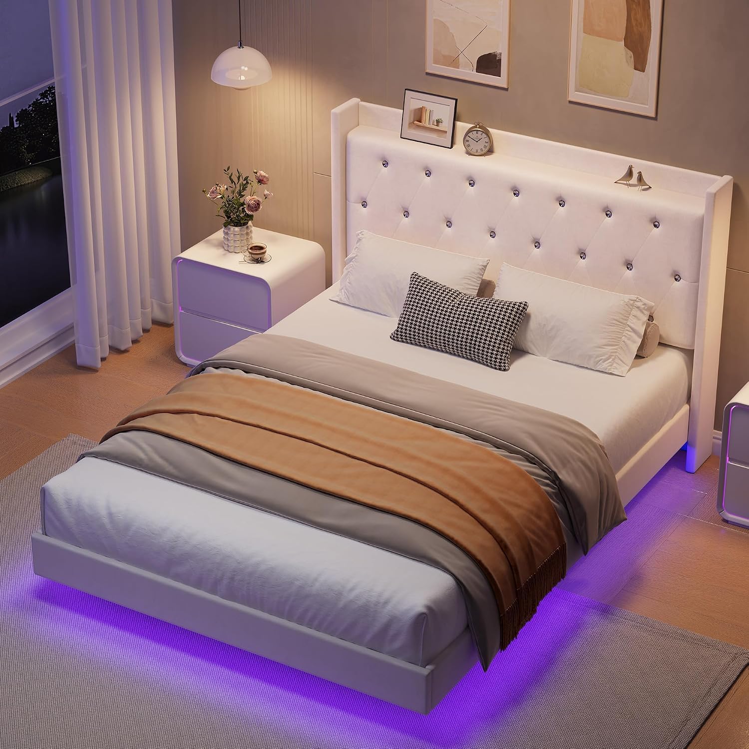 IDEALHOUSE Queen Size Bed Frame with LED Lights, Floating Platform Bed with Velvet Upholstered Storage Headboard, No Box Spring Needed, Noise Free, Easy Assembly