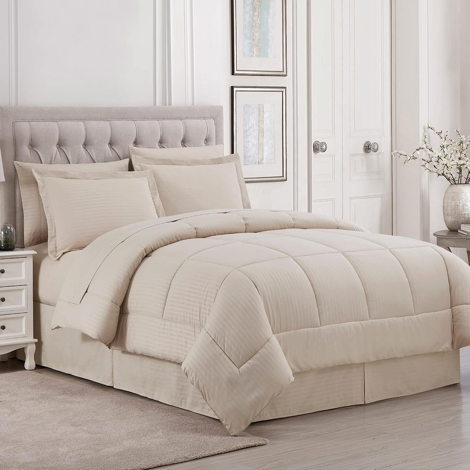 Sweet Home Collection 6 Piece Bed in a Bag with Dobby Stripe Comforter, Sheet Skirt, and Sham Set, Twin, Beige, 6, (Pack of 4)