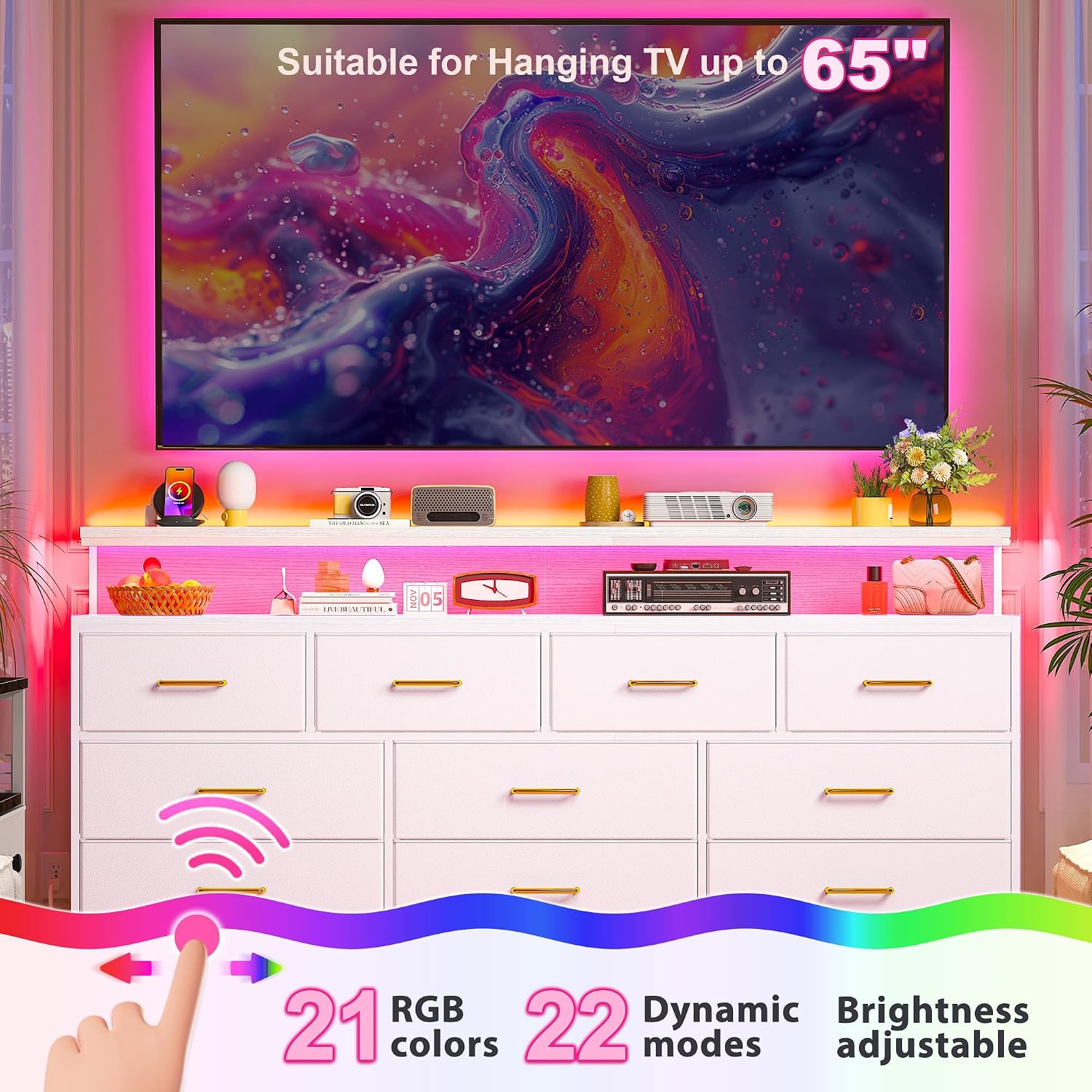 EnHomee 55' W White Dresser for Bedroom with 10 Fabric Drawers Long Dressers & Chests of Drawers with LED Lights & Power Outlets Large Dresser for Bedroom for Hallway, Metal Frame, White