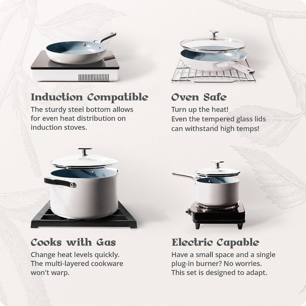 Premium Non-Toxic Ceramic Cookware Set – Triple-Layer Nonstick 12 Piece Pots and Pans with Lids, PFAS-Free, Oven Safe for Healthy Meals, Space-Saving Design, Birch White Color | Greater Goods