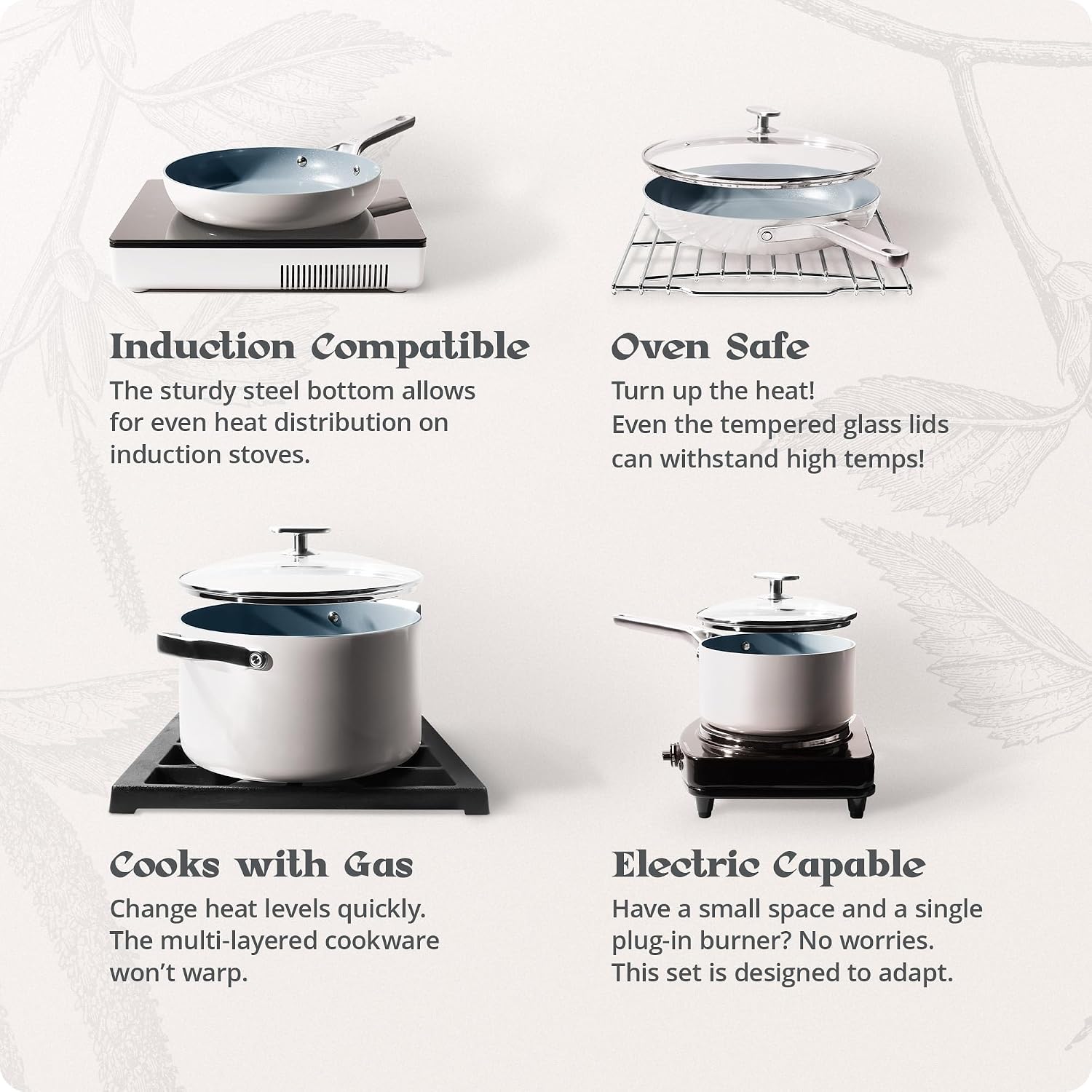 Premium Non-Toxic Ceramic Cookware Set – Triple-Layer Nonstick 12 Piece Pots and Pans with Lids, PFAS-Free, Oven Safe for Healthy Meals, Space-Saving Design, Birch White Color | Greater Goods