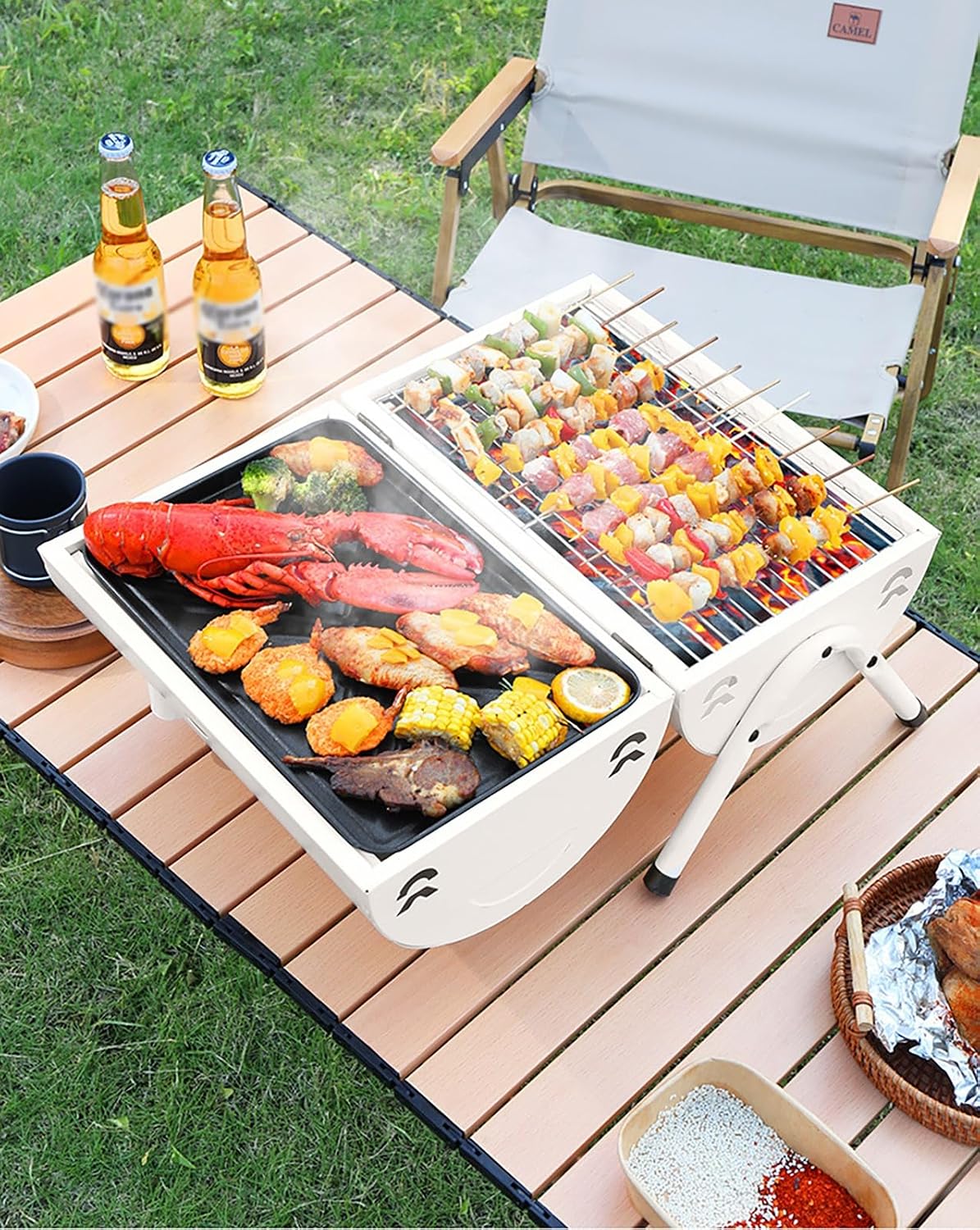 Portable Small Folding Charcoal Grill Fire Pit Grill with Griddle Rack for Camping Picnic Garden Beach Party Small Table Top Outdoor Grill (Color : Black)