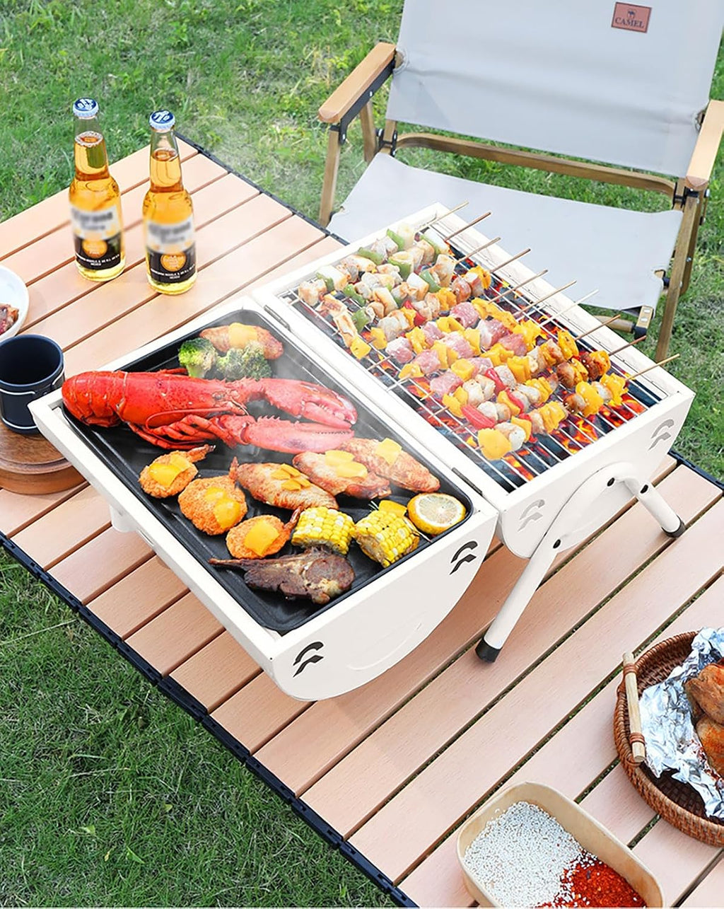 Portable Small Folding Charcoal Grill Fire Pit Grill with Griddle Rack for Camping Picnic Garden Beach Party Small Table Top Outdoor Grill (Color : White)