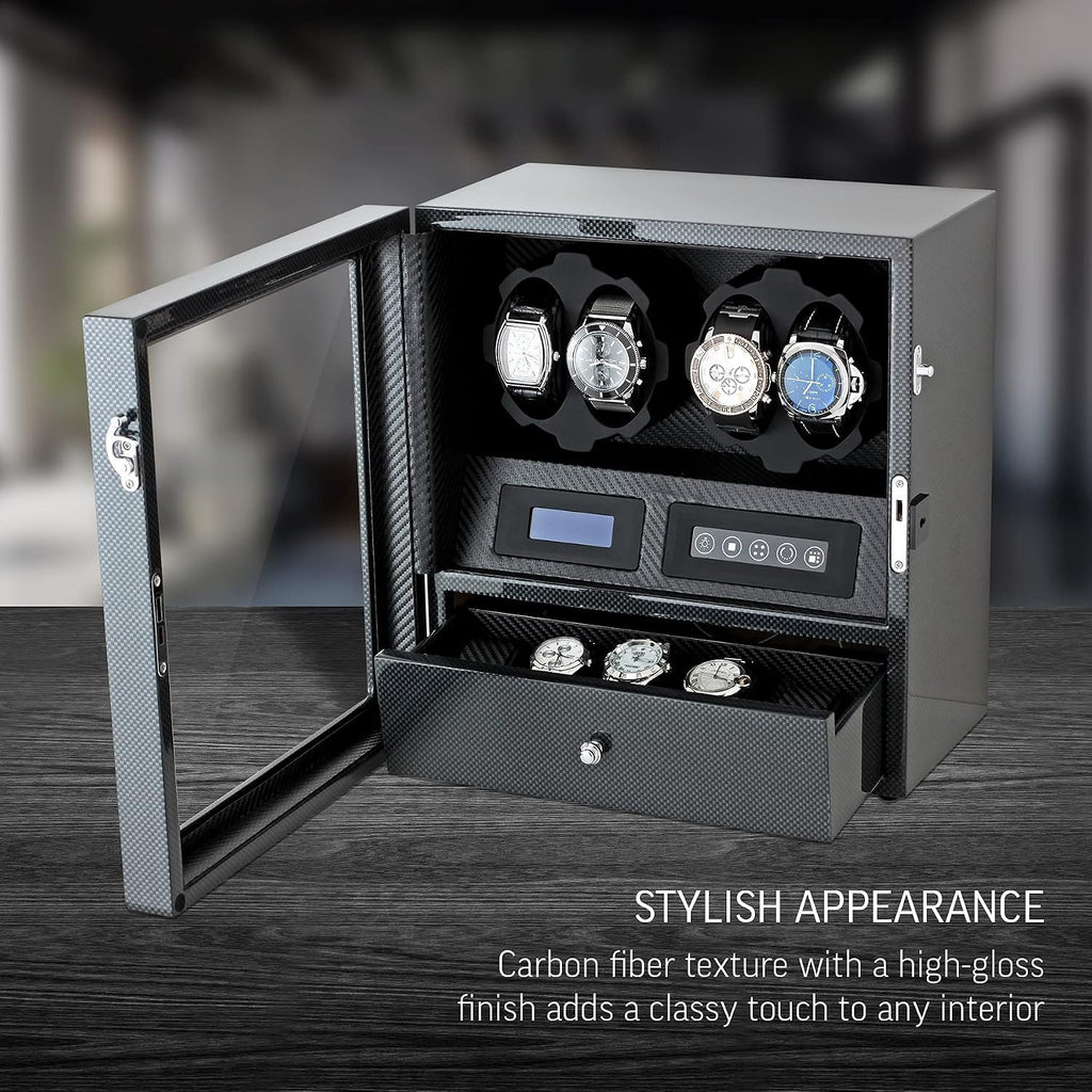 4 Watch Winder with 5 Watch Storage Space, LCD Display, Touch Control and Interior Light