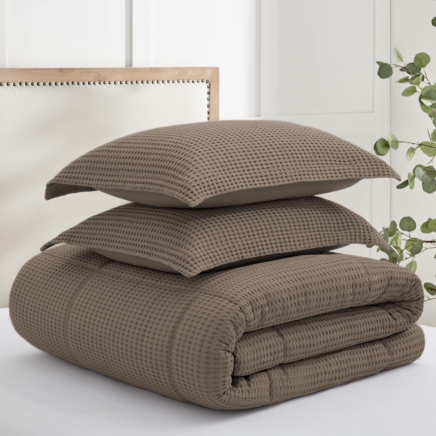 Levtex Home Mills Waffle King/Cal King Comforter Set (106x94in) with 2 Pillow Shams (36x20in) - Latte - 100% Cotton King Size Comforter Set - Soft, Pre-Washed