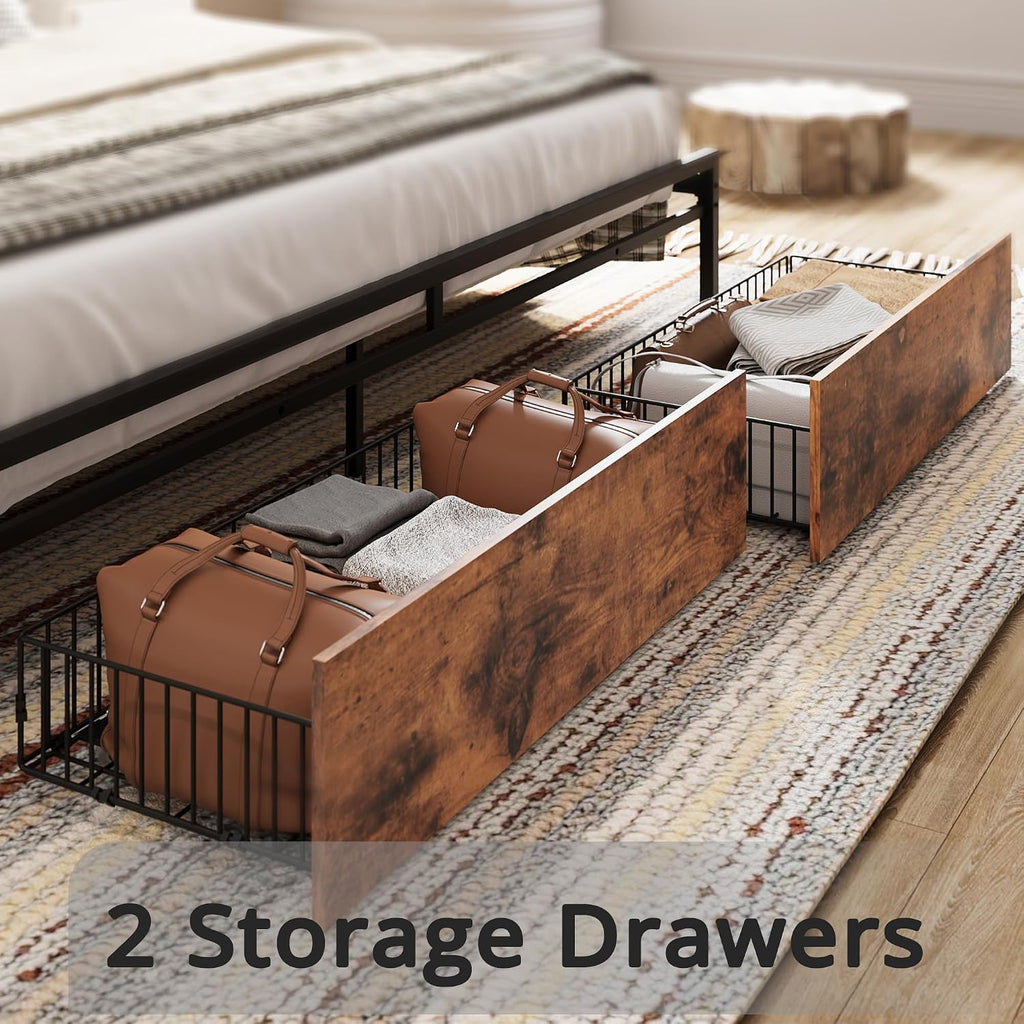 LIKIMIO Queen Bed Frame, Storage Headboard with Charging Station, Platform Bed with Drawers, No Box Spring Needed, Easy Assembly, Vintage Brown and Gray