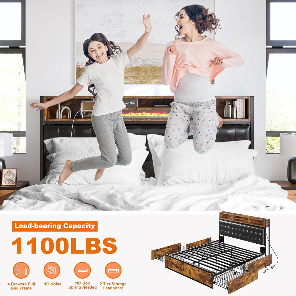 EnHomee Full Bed Frame with 4 Storage Drawers and Headboard Upholstered Bed Frame Full Size with Charging Station, No Noise, Metal Support, No Box Spring Needed,Vintage Brown