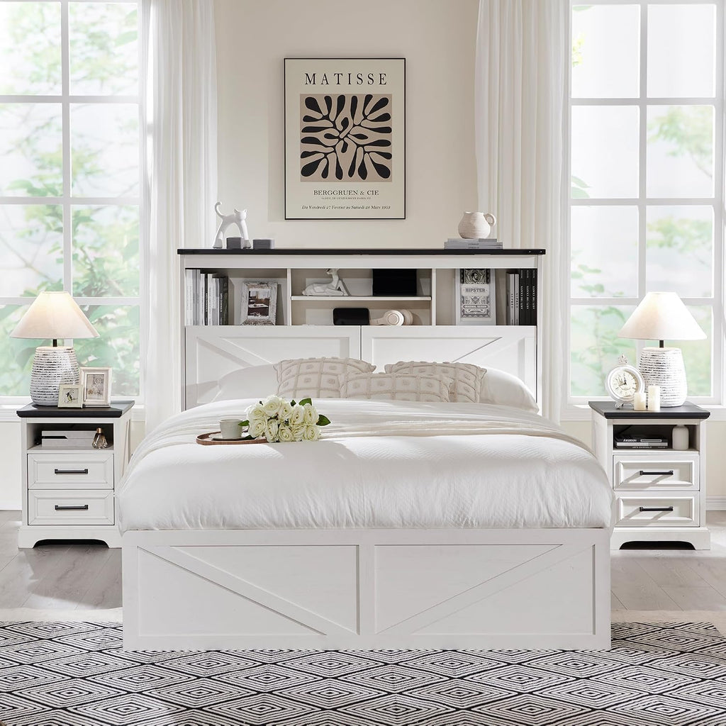 ACCOHOHO Farmhouse Full Size Bed Frame with 52' Tall Storage Headboard and LED Light, Wood Platform Bed with 4 Drawers, Charging Station, Solid Wood Slats Support, No Box Spring Needed, Antique White