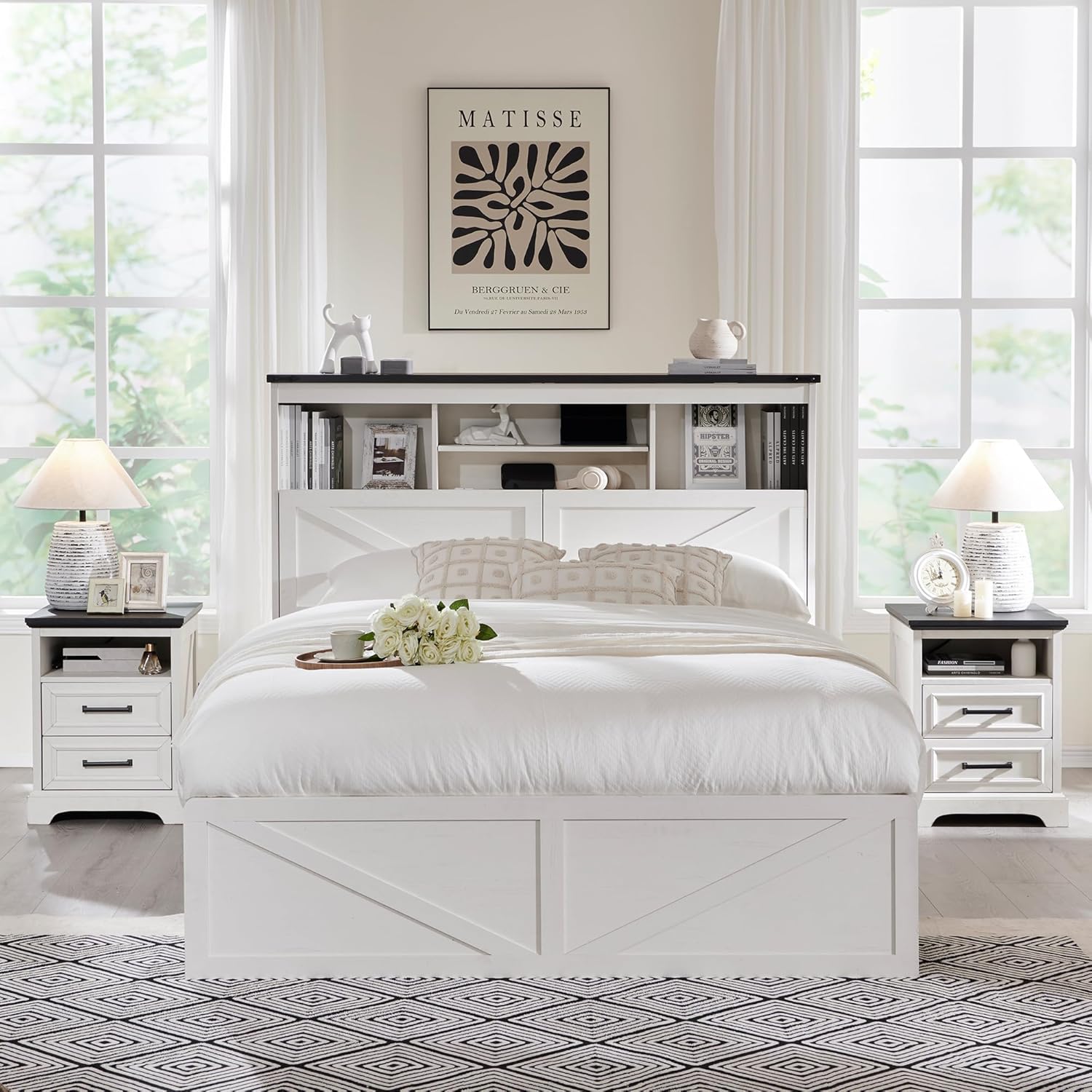 ACCOHOHO Full Bed Frame with 52' Tall Headboard and 4 Drawers,LED Light,Charging Station,Solid Wood Slats Support,No Box Spring Needed,White