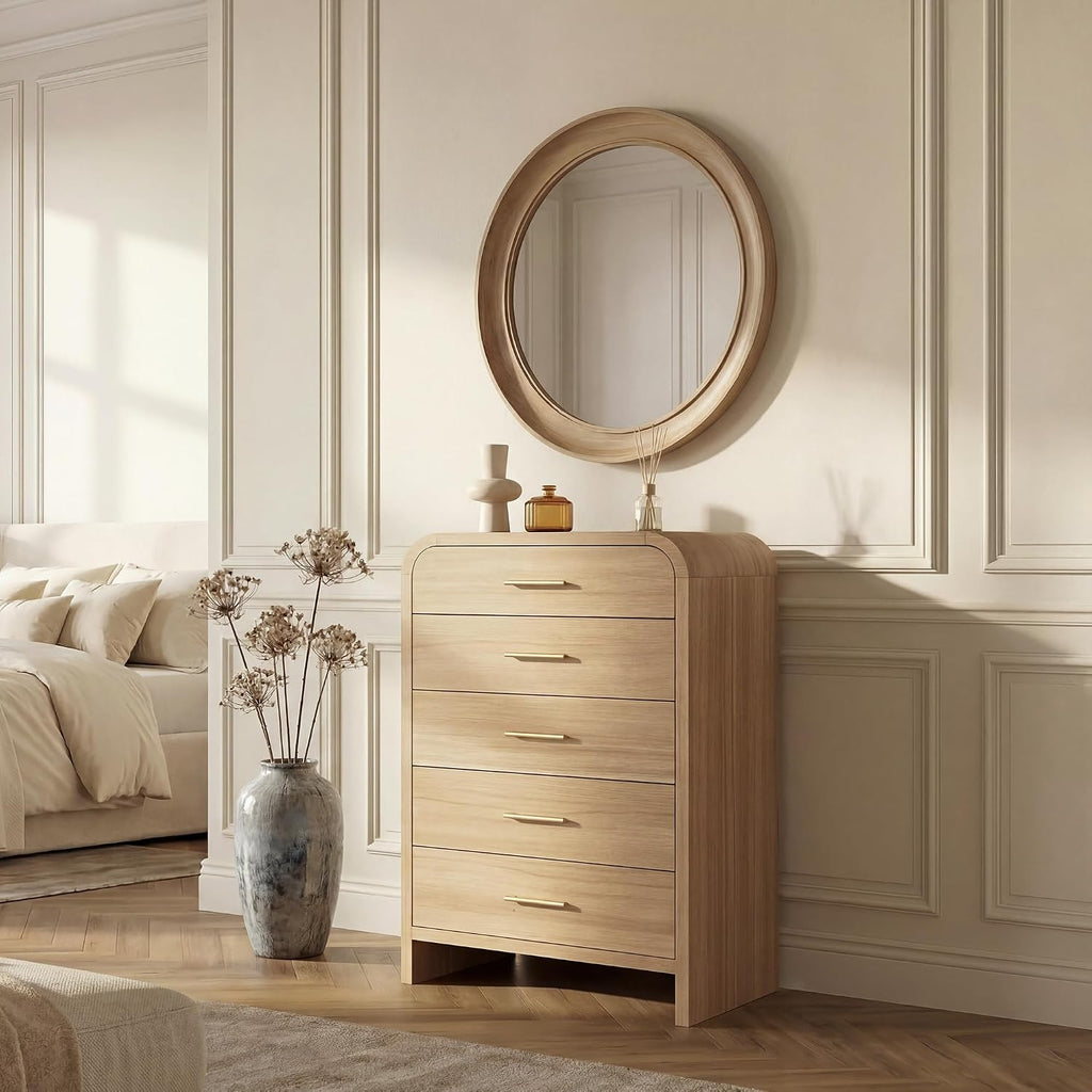 Curved 5-Drawer Dresser for Bedroom, 45.59' Tall Modern Chest of Drawers, Wooden Chest of Drawers for Living Room, Closet Storage Organizer Furniture, Nursery, Hallway, Oak