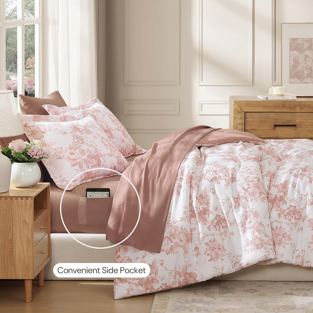 BLOOMHAVEN Oversized King Comforter Set -7 Pieces Floral Rose Bedding Set for All Seasons, Bed in a Bag with Botanical Flowers Comforter, Sheets, Pillowcases & Shams