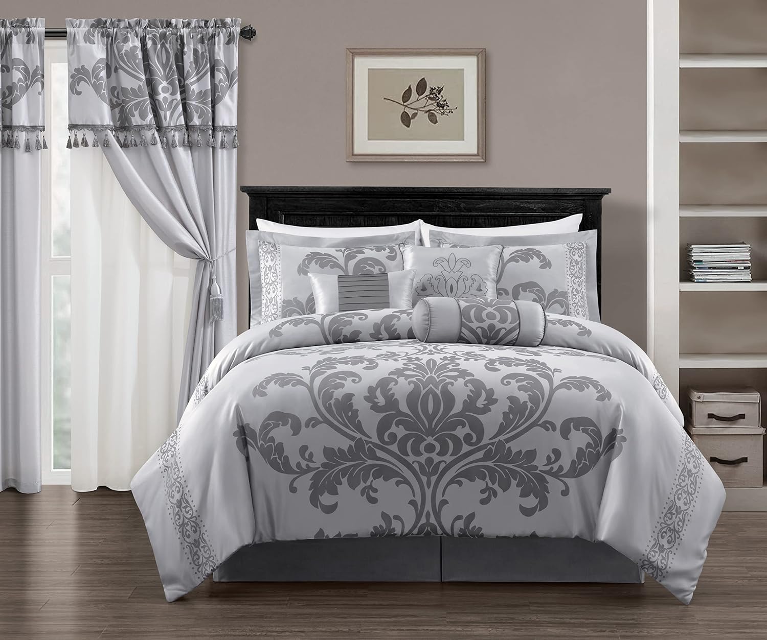 Chezmoi Collection Royale 7-Piece Jacquard Floral Comforter Set, Oversized King, Silver/Gray