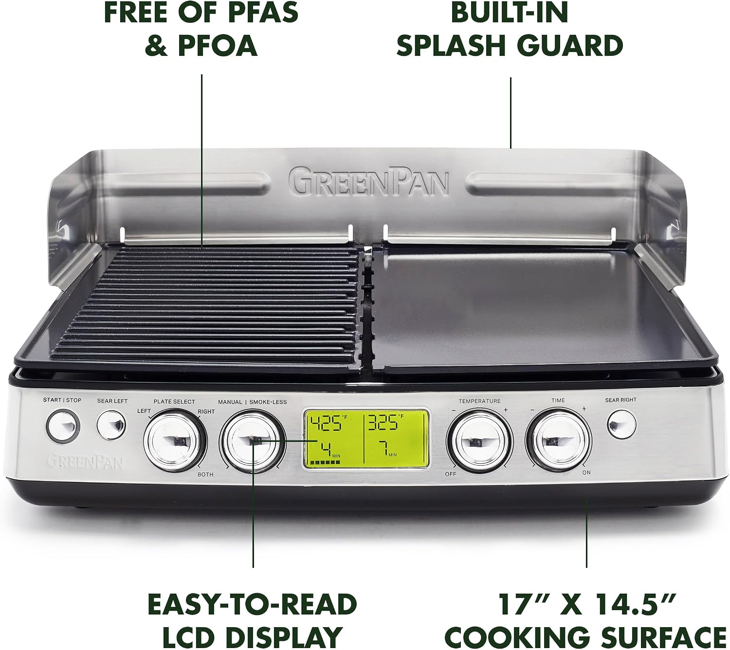 GreenPan Stainless Steel Elite XL Smoke-less Grill & Griddle, Healthy Ceramic Nonstick Interchangeable/Removeable Cast Aluminum Plates, Indoor BBQ Sear Sizzle, Splash Guard, Drip Tray, PFAS-Free