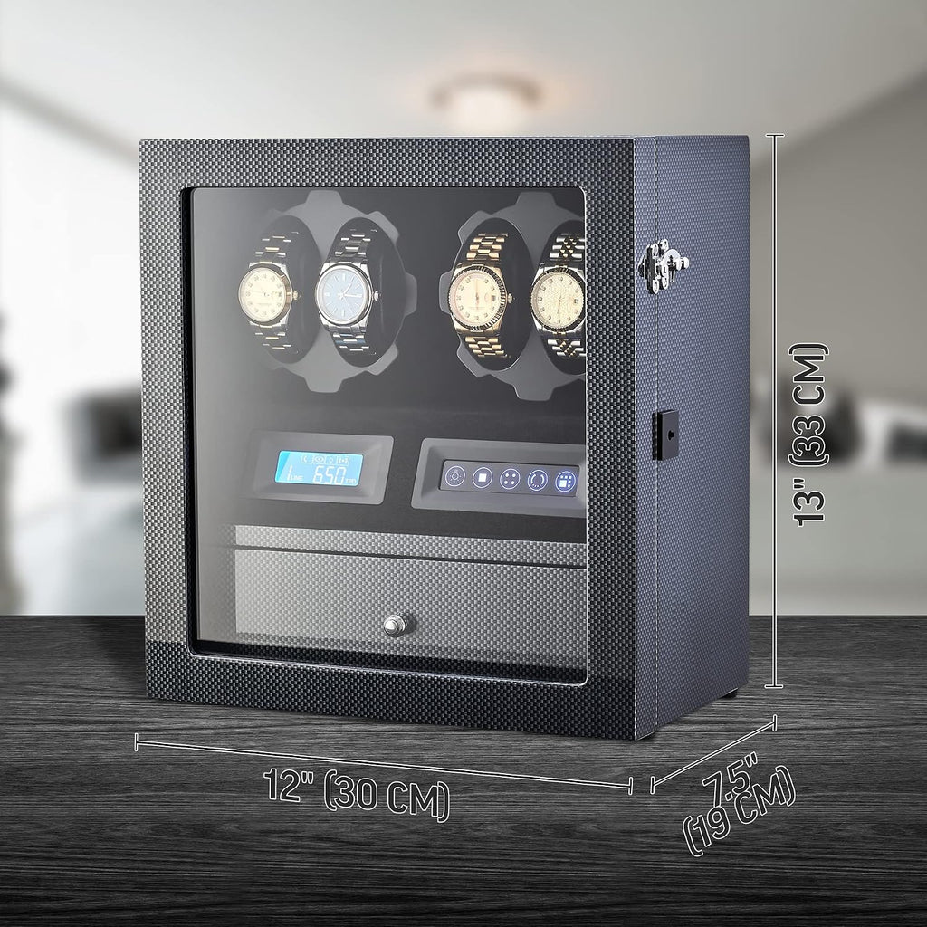 4 Watch Winder with 5 Watch Storage Space, LCD Display, Touch Control and Interior Light