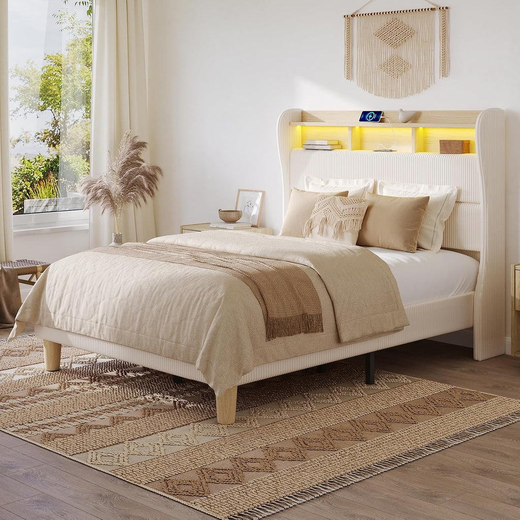 Bestier Queen Size Upholstered Wingback Bed Frame with 51' High Headboard Corduroy Fabric RGB LED Lights, Charging Station Dual Storage Shelves Modern Off White Platform Bed No Box Spring Needed