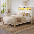 Bestier Queen Size Upholstered Wingback Bed Frame with 51' High Headboard Corduroy Fabric RGB LED Lights, Charging Station Dual Storage Shelves Modern Off White Platform Bed No Box Spring Needed