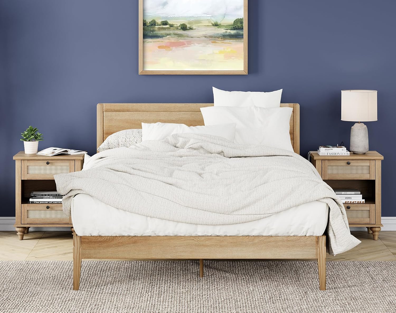 WAMPAT 4 Piece Dresser and Nightstand Sets - Includes Two Farmhouse 3 Drawer Dressers for Bedroom, Set of 2 Side Tables Bedside Table with Charging Station, 4 Piece Bedroom Set, Oak