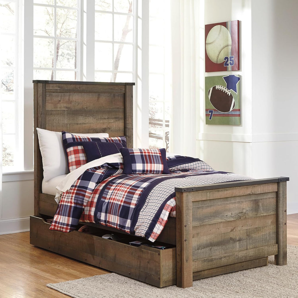 Signature Design by Ashley Trinell Casual Twin Panel Platform Bed with 1 Large Storage Drawer and Nailheads, Foundation or Box Spring Not Needed, Dark Brown