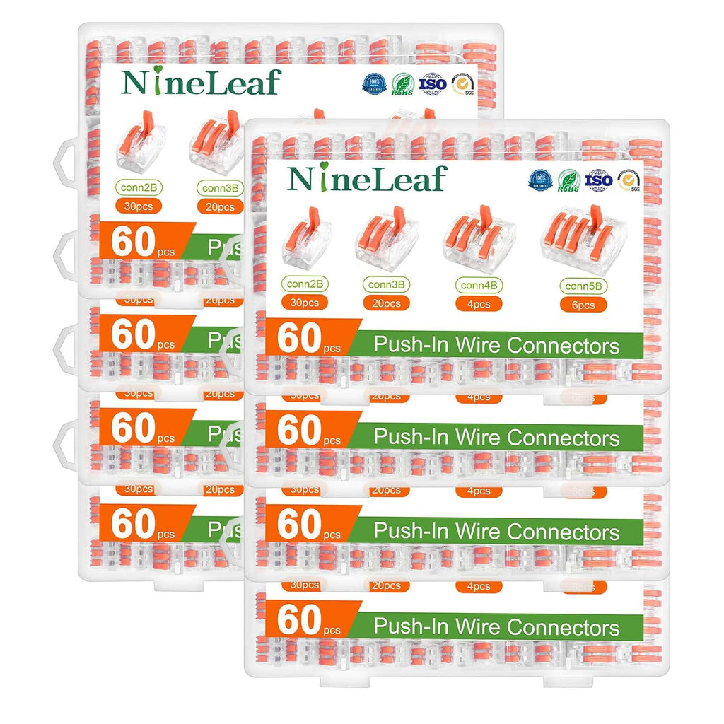 NineLeaf 60 Pcs Lever Wire Connectors Kit, 2/3/4/5 Port Push-in Electrical Wire Nuts with Test Hole for AWG 28-12, Reusable Quick Splice Assortment with Organized Storage Box,8Set