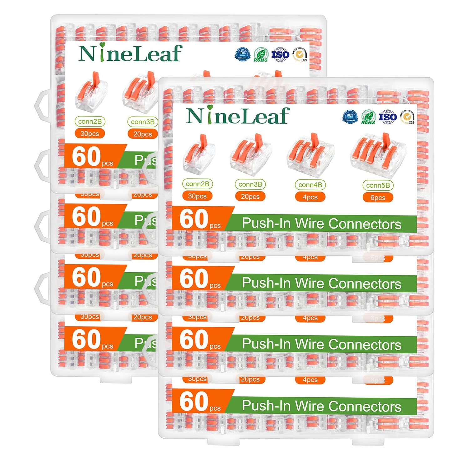 NineLeaf 60 Pcs Lever Wire Connectors Kit, 2/3/4/5 Port Push-in Electrical Wire Nuts with Test Hole for AWG 28-12, Reusable Quick Splice Assortment with Organized Storage Box,8Set