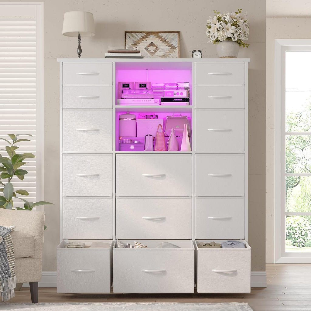 EnHomee 51' H White Dresser with 15 Drawers Dresser for Bedroom with Charging Station & LED Lights & Hutch Sturdy Bedroom Dressers, Steel Frame, Wood Top, 51.2' H x 39.3' W x 11.8' D