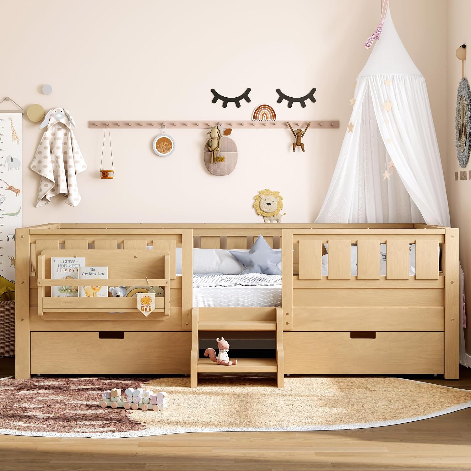 Bellemave Twin Floor Bed with Stairs, Rails and Slats, Twin Size Montessori Floor Bed with Bookshelf and 2 Storage Drawers, Easy Assemble Montessori Beds Frame for Girls, Boys, Light Natural