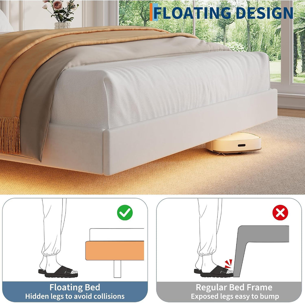 IDEALHOUSE Queen Size Bed Frame with LED Lights, Floating Platform Bed with Velvet Upholstered Storage Headboard, No Box Spring Needed, Noise Free, Easy Assembly
