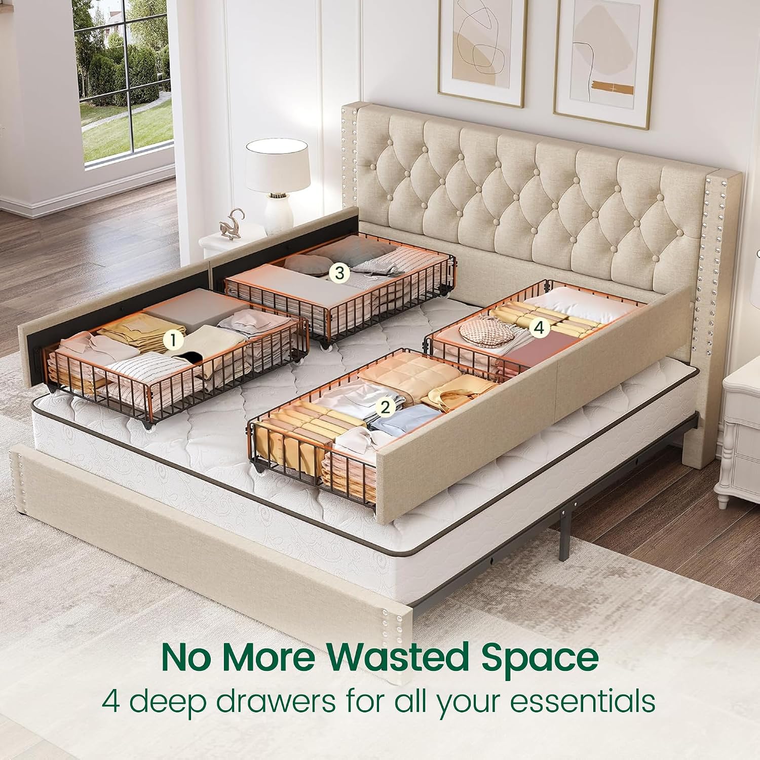 LARMACE King Size Bed Frame with 4 Storage Drawers and Tufted Headboard Linen Upholstered Platform Bed Frame with Heavy Duty Wood Slats, No Box Spring Needed, Easy Assembly, Beige