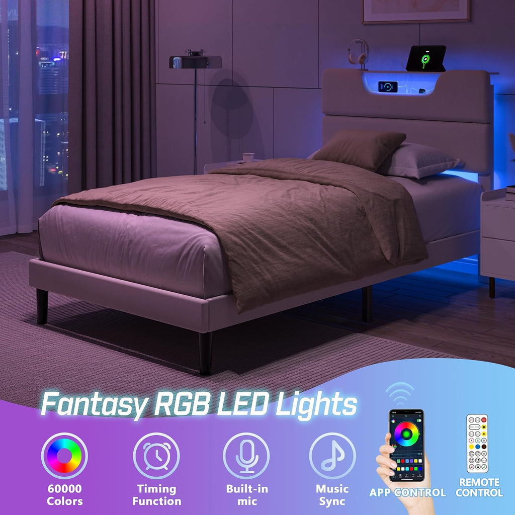 OURPIC Twin Bed Frames for Kids, Twin Size Bed Frames with Upholstered Headboard, Modern Platform Bed with Charging Station and Led Lights, Sturdy Wooden Slats