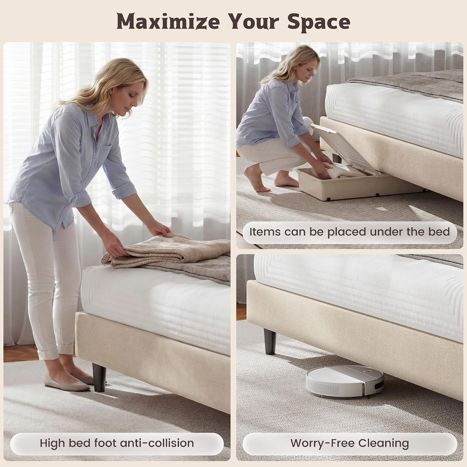 EnHomee Queen Bed Frame with Adjustable Height Upholstered Headboard, 3 USB Charging Ports, Noise-Free Platform Bed, No Box Spring Needed, Beige