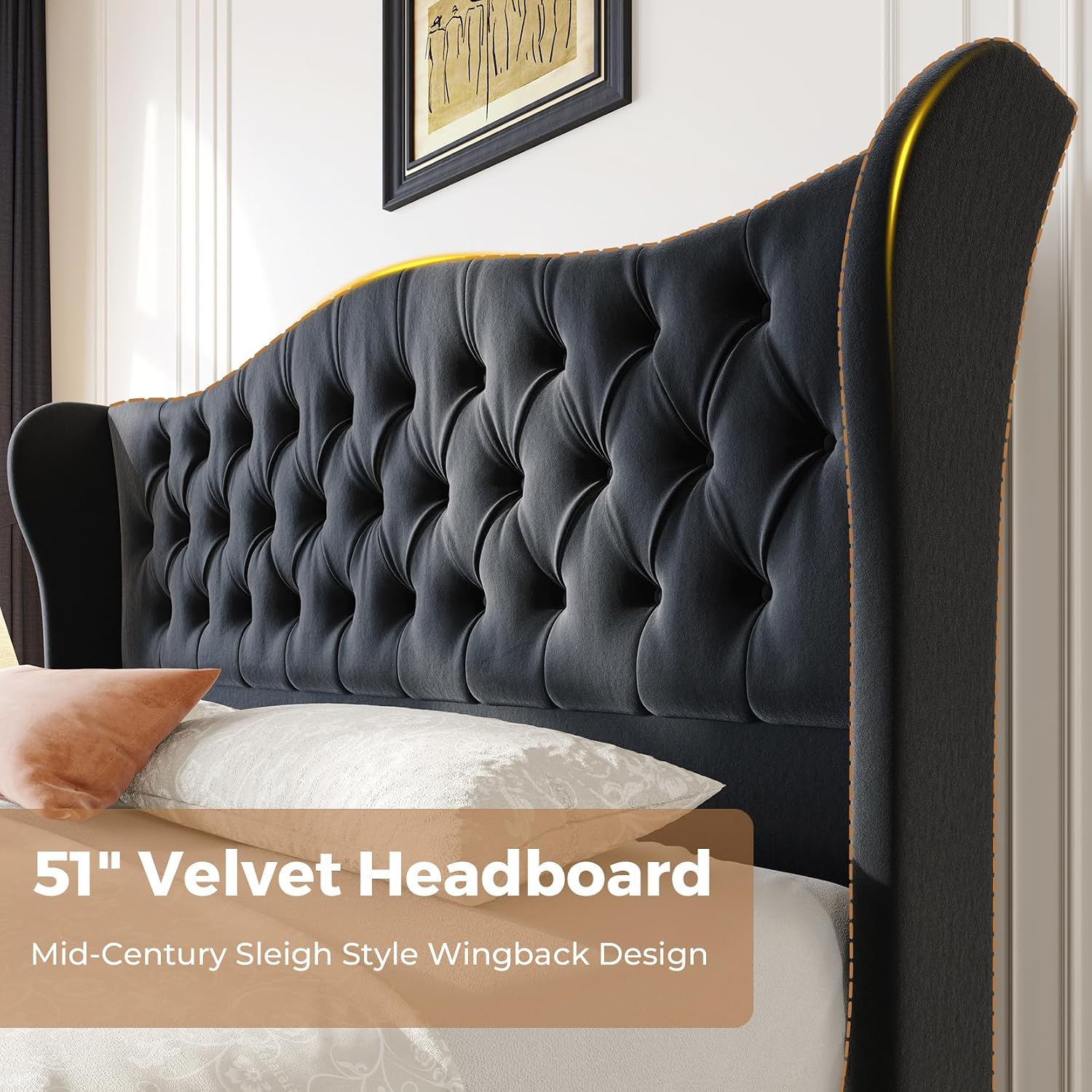 koorlian King Size Bed Frame,Velvet Upholstered Sleigh Bed with Scroll Wingback Headboard & Footboard,Luxury & Soft Button Tufted Modern Bed,Easy Assembly,No Box Spring Needed