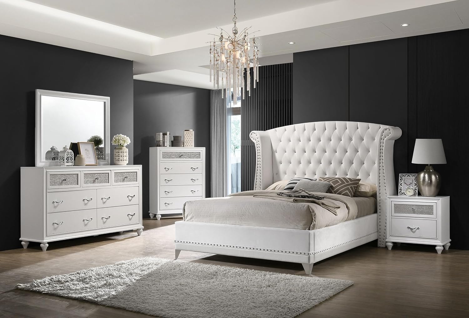 Coaster Home Furnishings Barzini Modern Classic 5-Piece Bedroom Set Velvet Upholstered California King Size Wingback Bed Frame 63-inch Headboard White 300843KW-S5