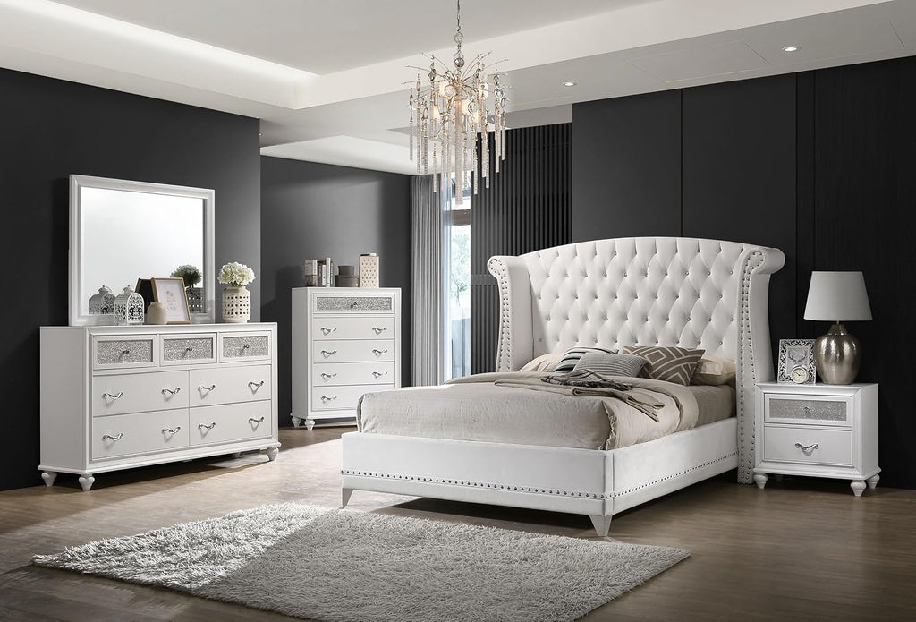 Coaster Home Furnishings Barzini Modern Classic 5-Piece Bedroom Set Velvet Upholstered Eastern King Size Wingback Bed Frame 63-inch Headboard White 300843KE-S5
