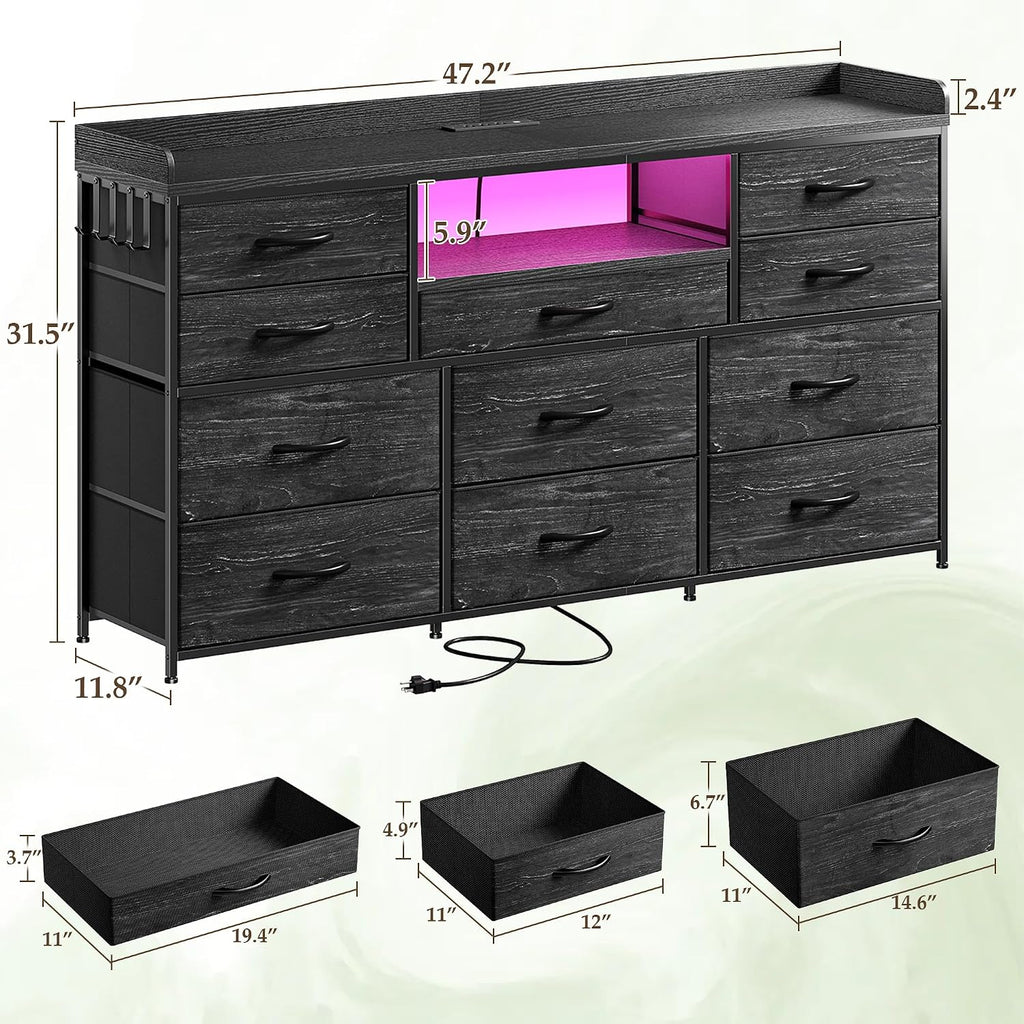 Black Dresser for Bedroom with LED Lights & Charging Station & 4 Hooks 11 Drawer Dressers & Chests of Drawers Long Fabric Dresser TV Stand for 50 55 60 inch TV for Entryway 11.8'D x 47.2'W x 31.5'H